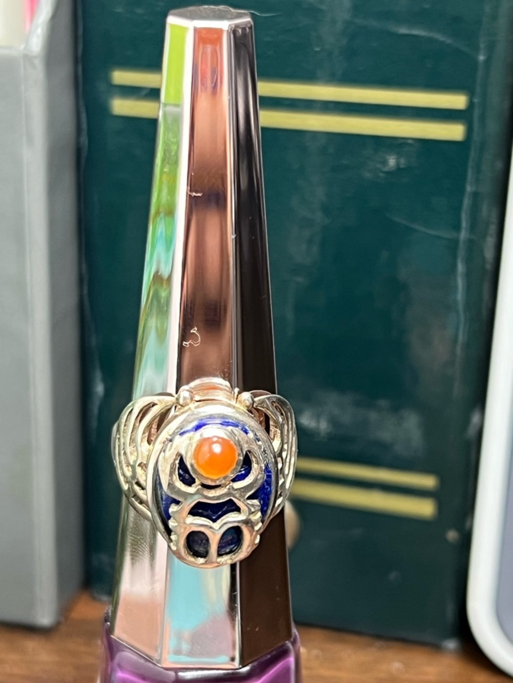 Silver Scarab Ring with lapis lazuli and orange gem